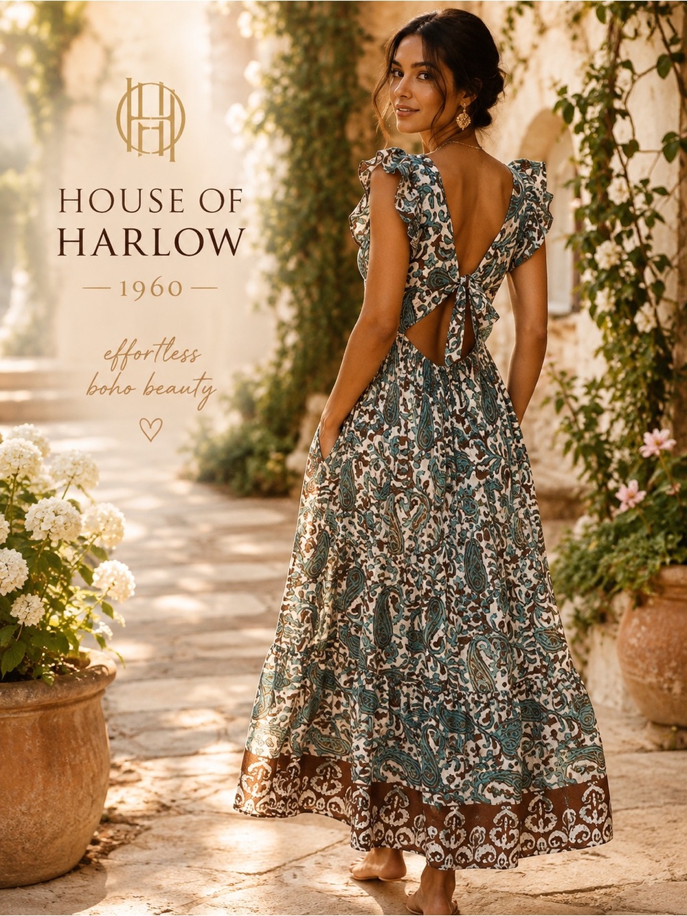 House of Harlow 1960 Boho Paisley Maxi Dress Open Back Tie Back Smocked SZ L